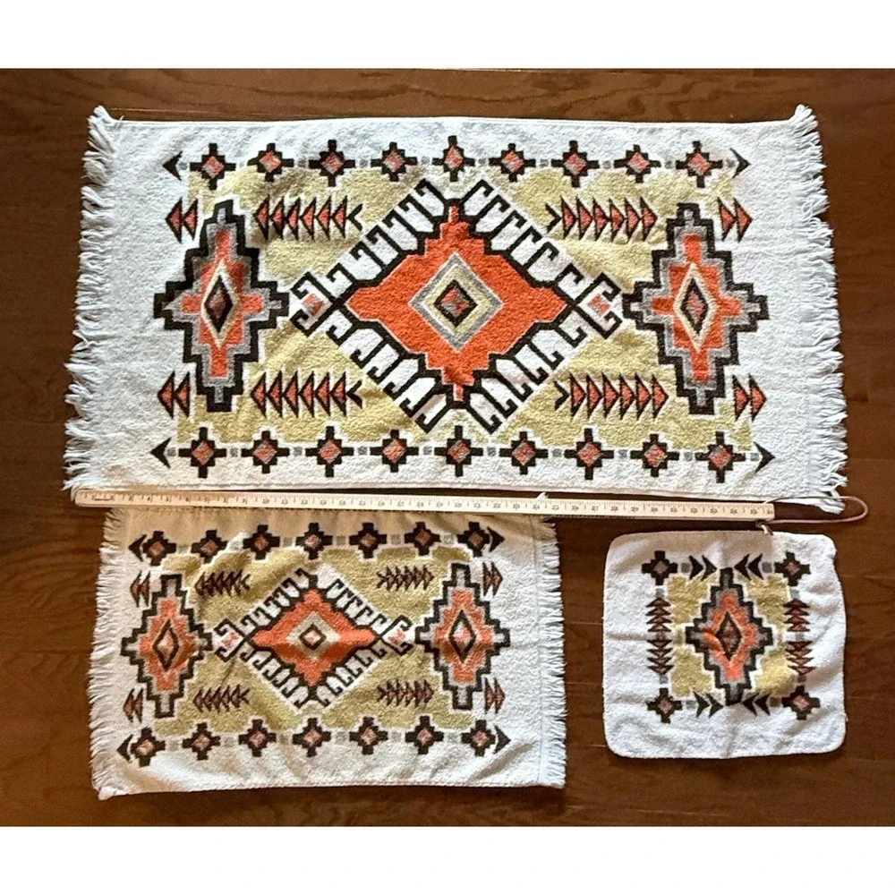 Vintage Cannon Orange Tribal Aztec Southwest 3 Pc Hand Bath Wash Towel Set